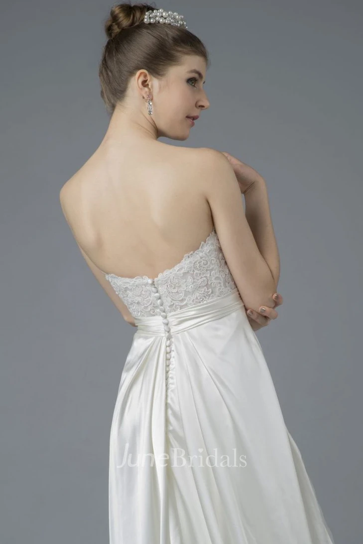 Elegant Sweetheart Open Back Satin Lace Appliques Gown With Draping And Buttons