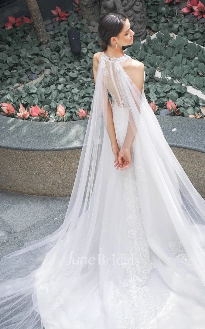 A-Line Halter Neckline Tulle Wedding Dress Simple Casual Sexy Romantic Beach With Open Back And Sleevesless Appliques