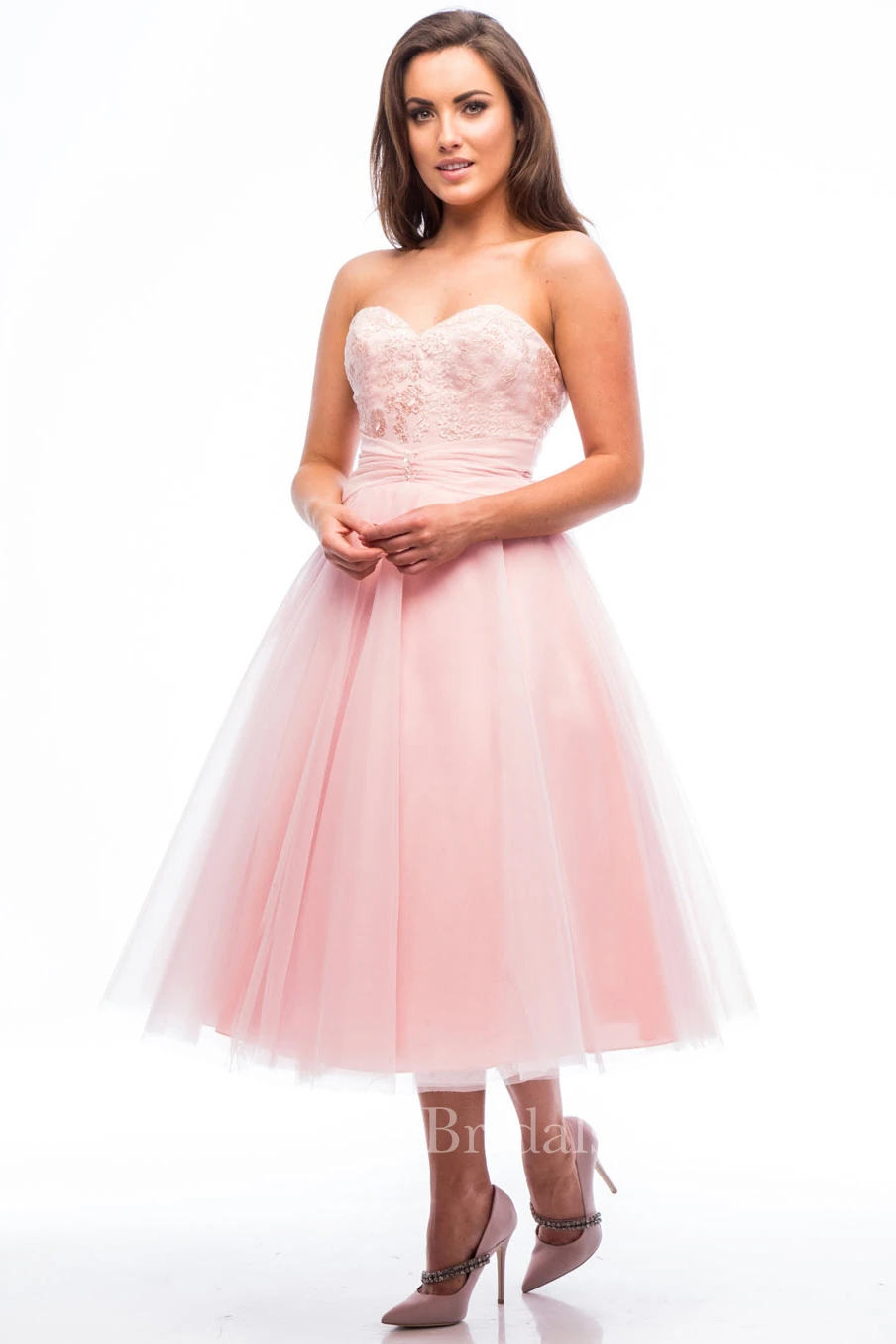 A-Line Tea-Length Appliqued Sleeveless Sweetheart Tulle Bridesmaid Dress