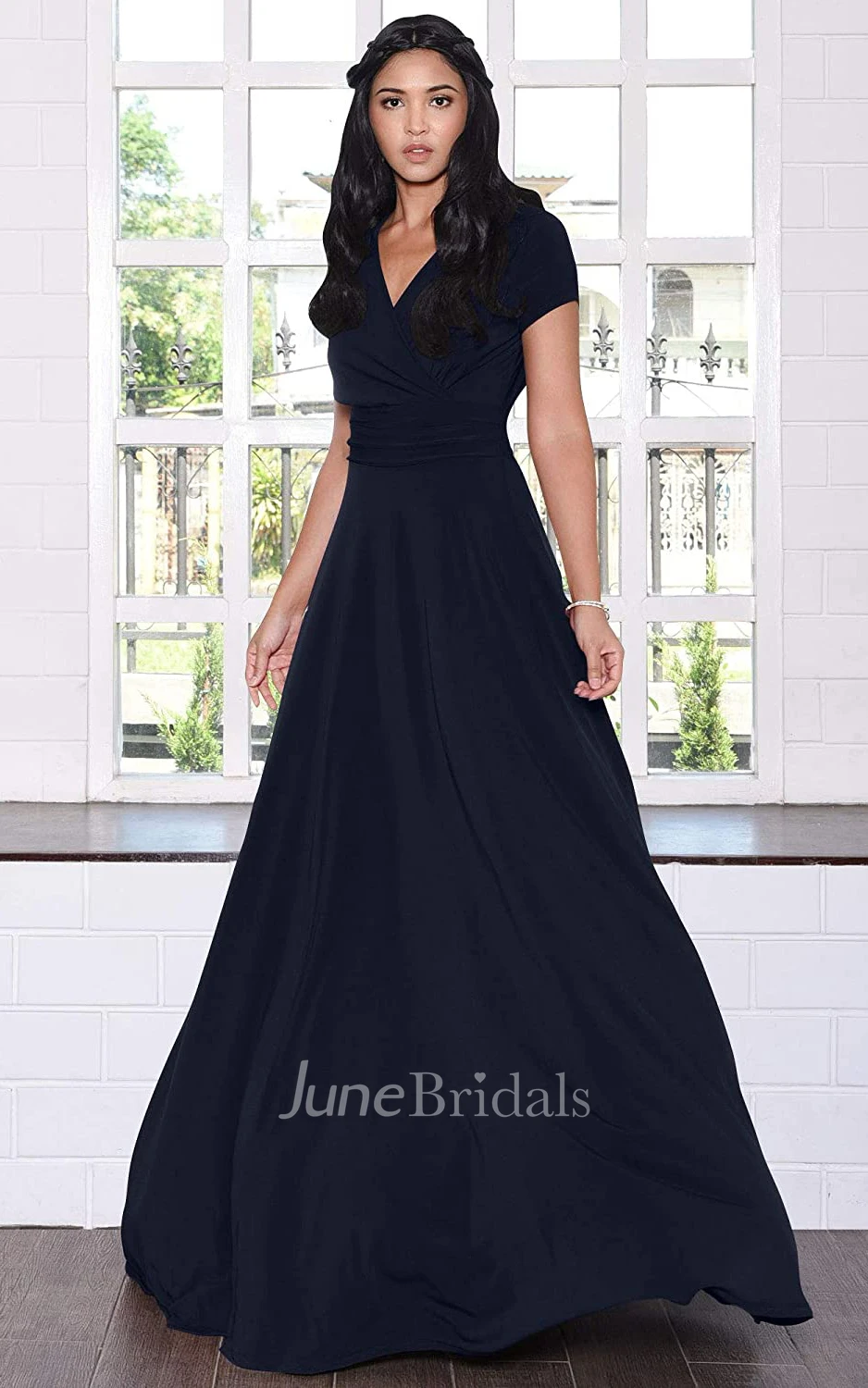 A Line V-neck Jersey Short Sleeve Prom Dress With Criss Cross and Pleats