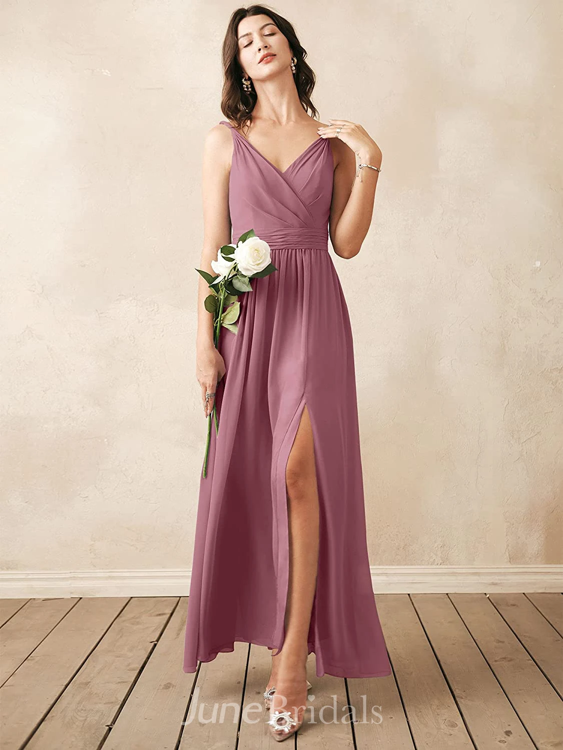 Modern A Line V-neck Chiffon Sleeveless Bridesmaid Dress with Split