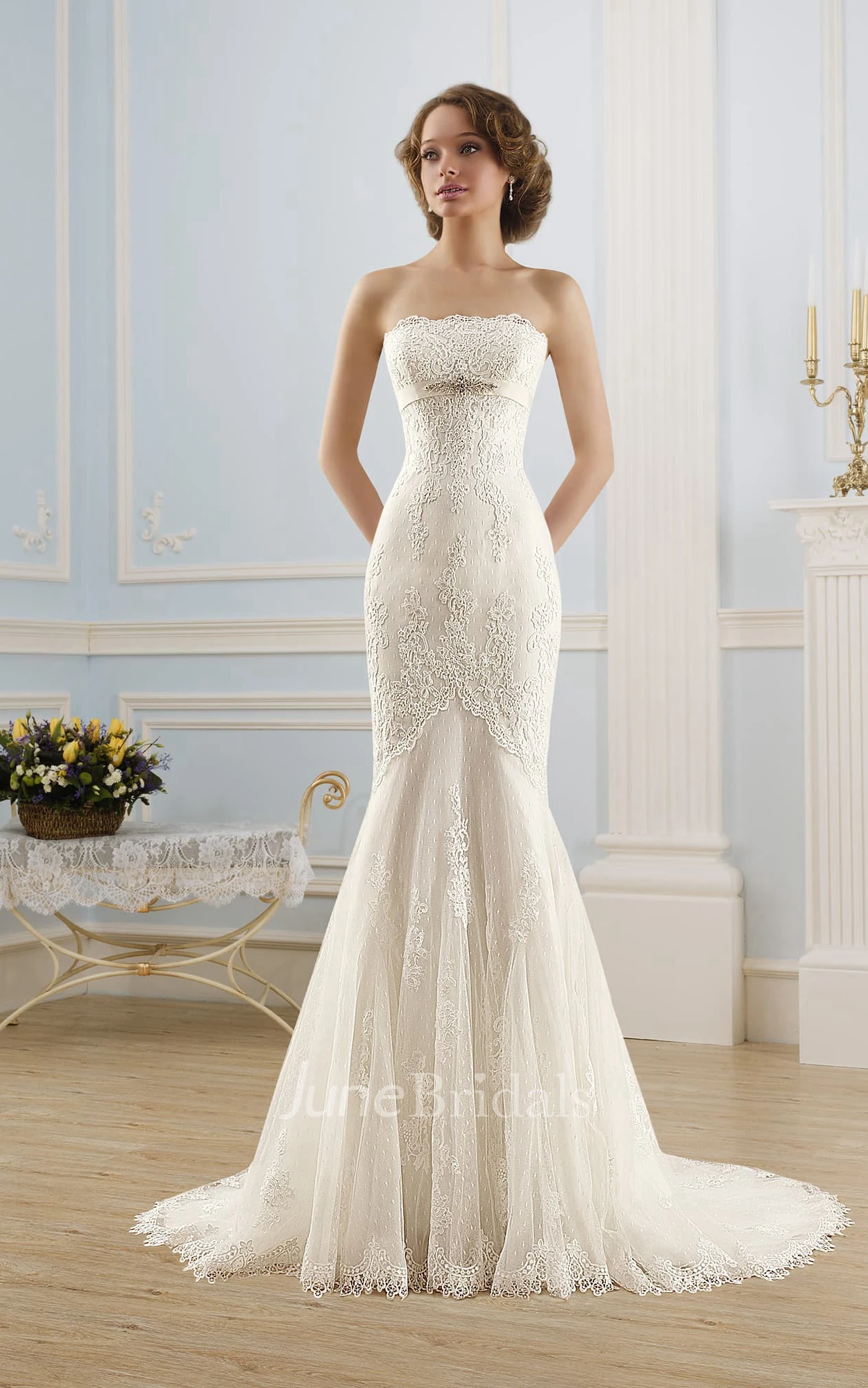 Mermaid Long Strapless Sleeveless Corset-Back Lace Tulle