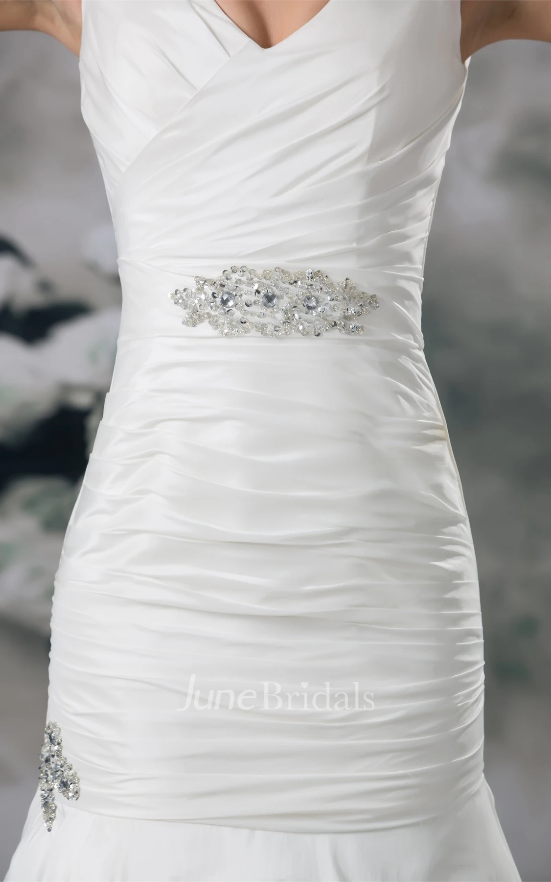 v-neck a-line trumpet sleeveless gown with brush train and beading