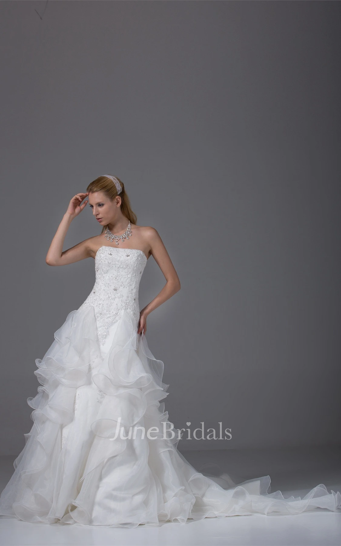 Ruffled A-Line Gown with Appliques and Crystal Detailing