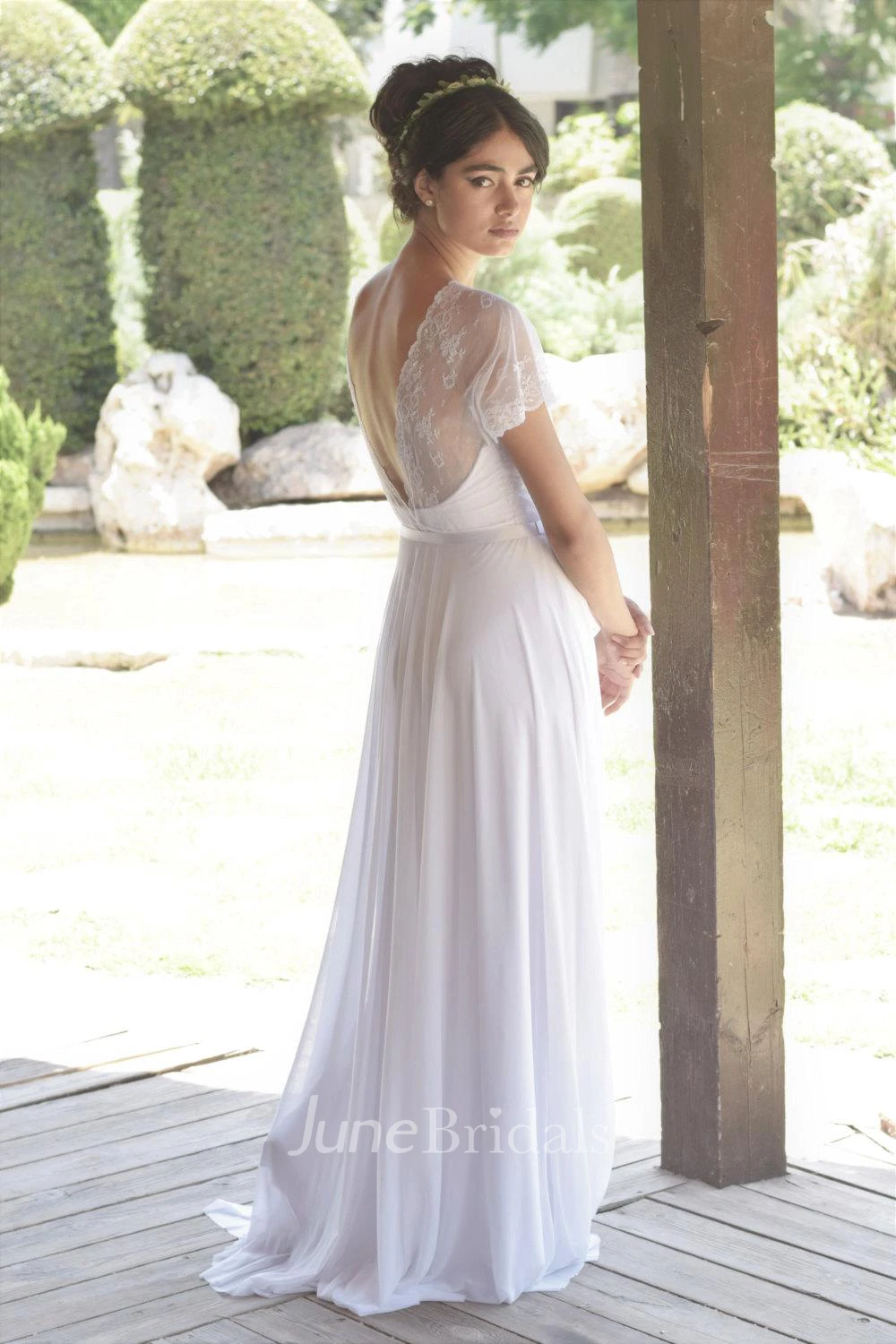 Short Sleeve Lace Chiffon Pleated Wedding Dress With Deep-V Back