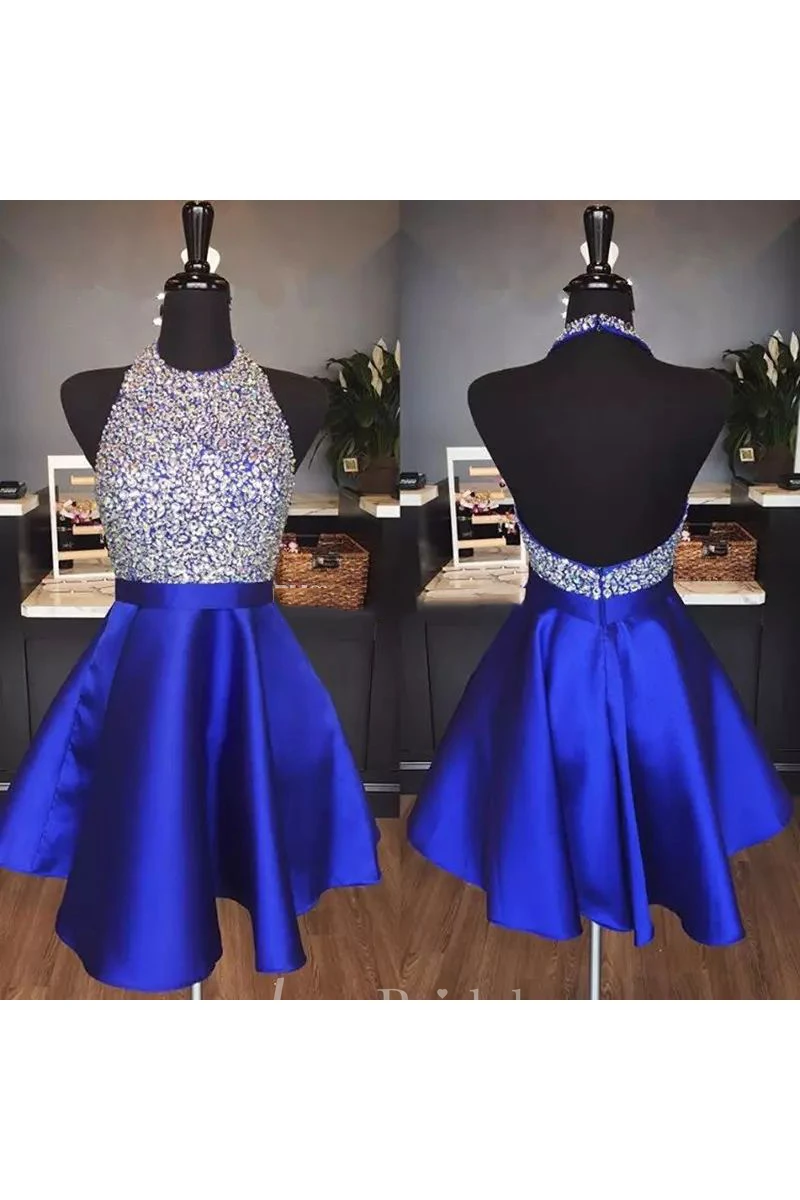 A-line Halter Sleeveless Beading Ruffles Short Mini Satin Homecoming Dress