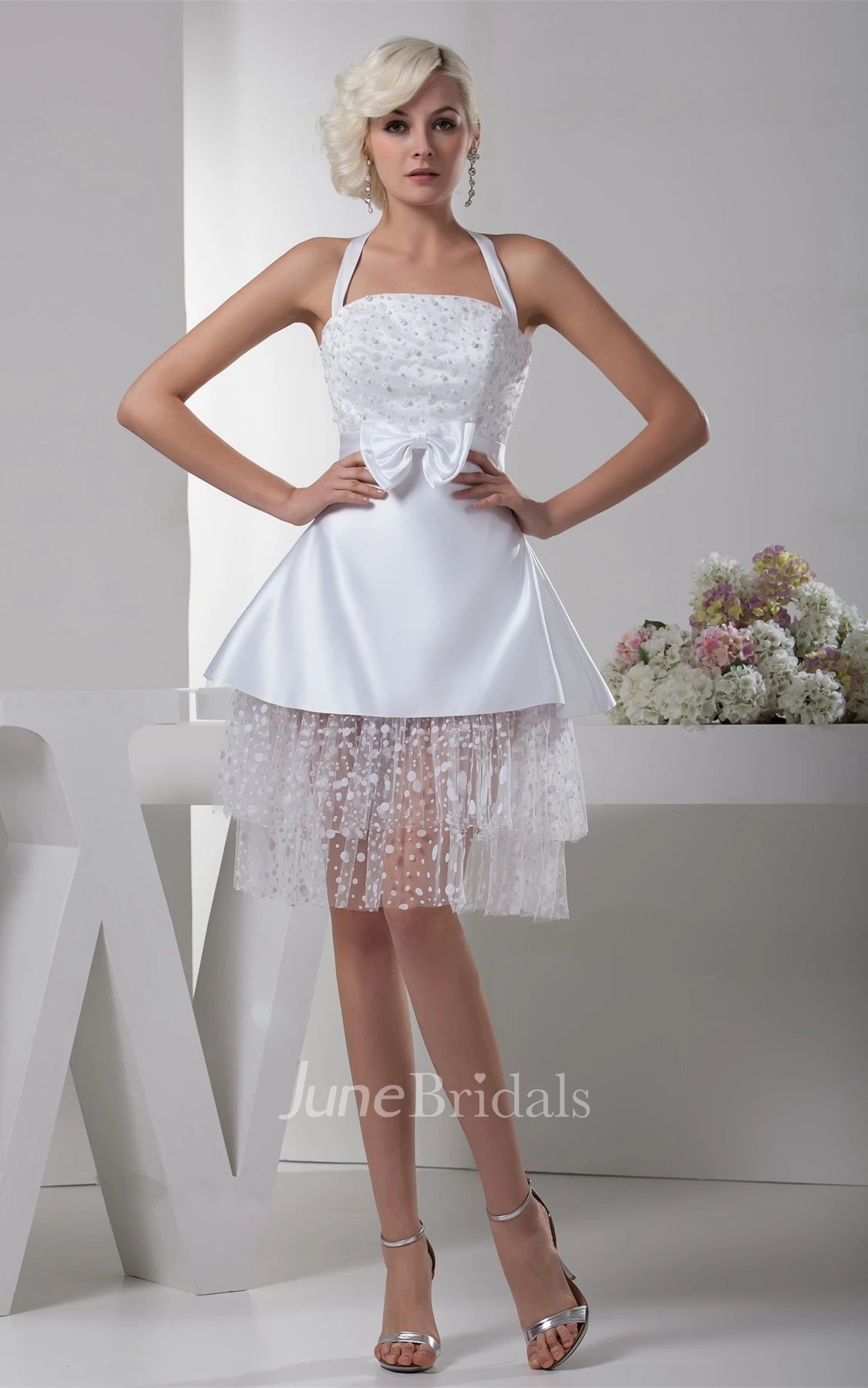 Haltered Satin Mini A-Line Dress with Bow and Stress