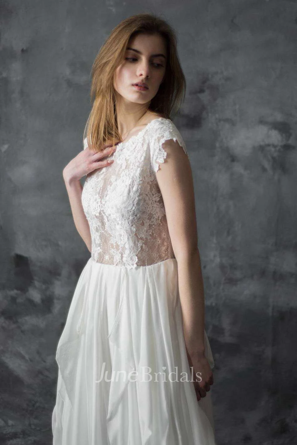 Scoop-Neck Cap-Sleeve A-Line Draped Chiffon Lace Appliqued Dress