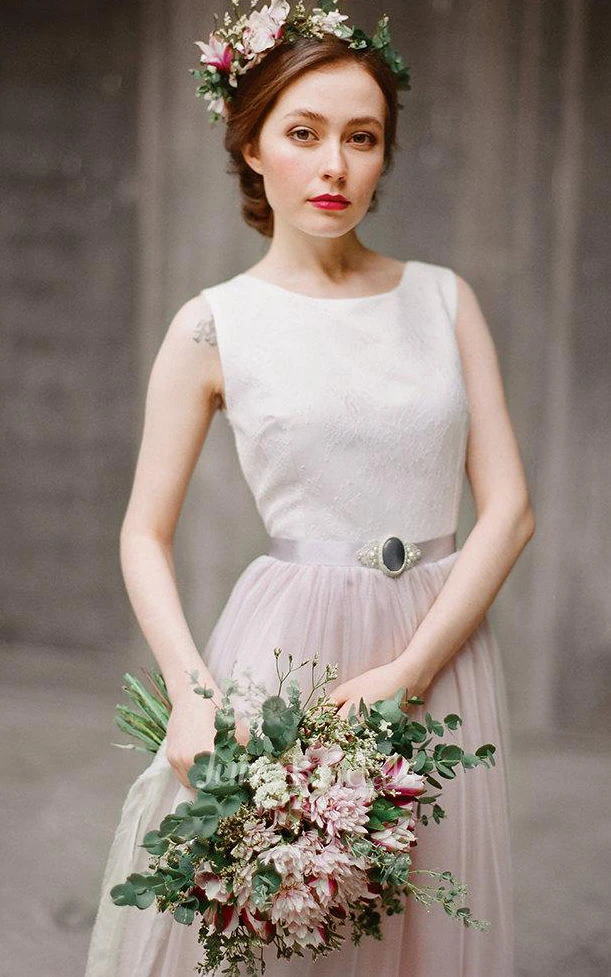 Illusion Back Tulle and Lace Dress With Ribbon