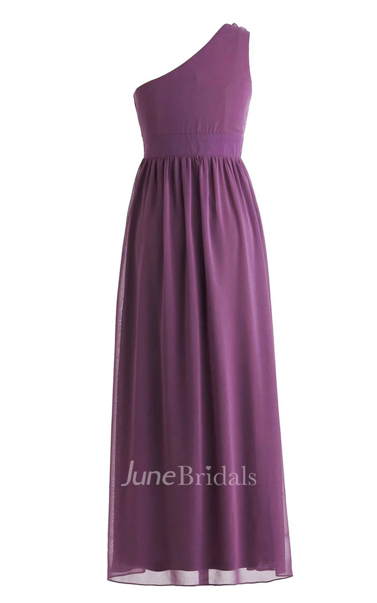 One-shoulder Pleated Chiffon A-line Gown With Flowers