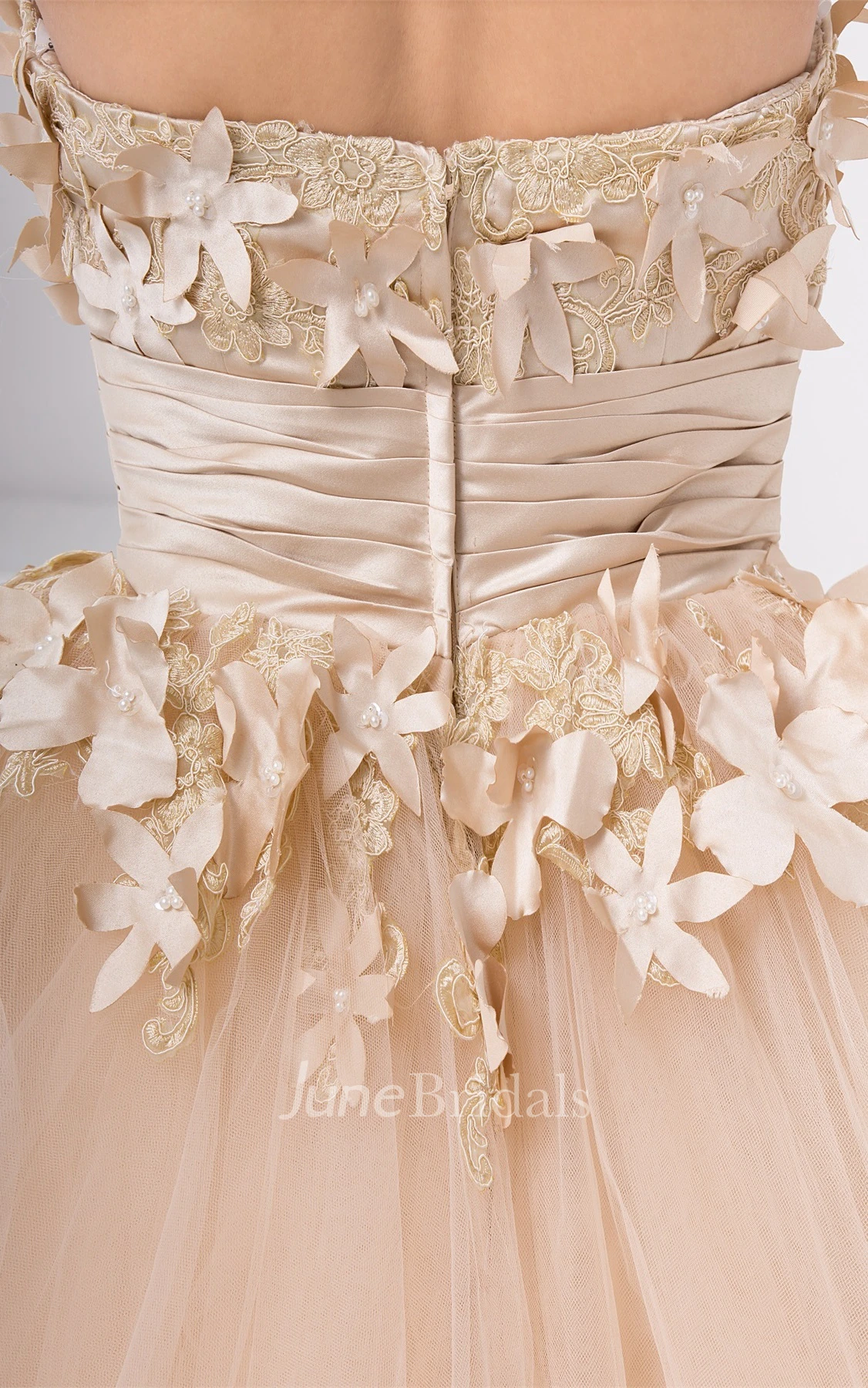 strapless ankle-length tulle dress with appliques and flower