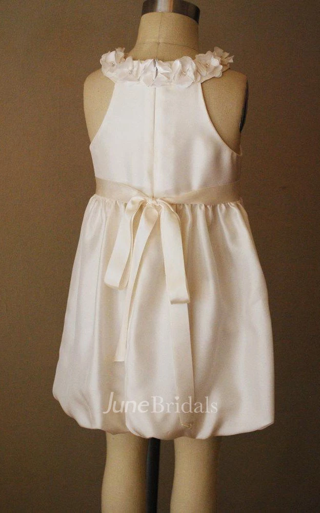 Sleeveless Floral Neckline Cream Bubble Satin Dress