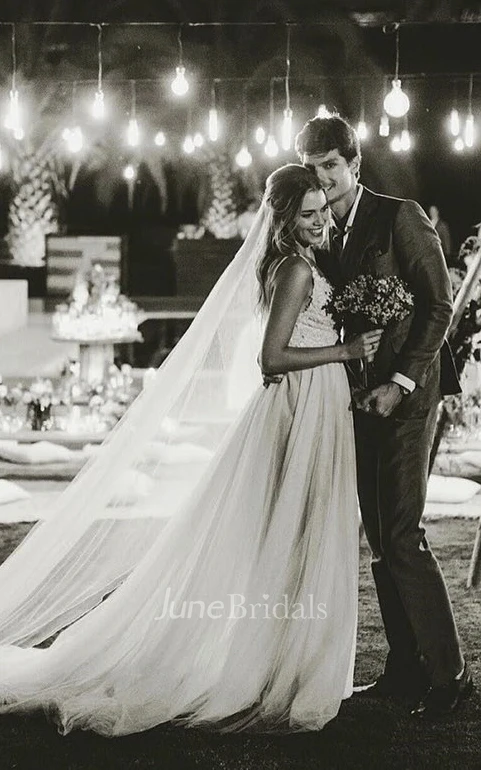 Lace Appliqued Open Back Tulle Wedding Dress With Deep V-neck And Flowers