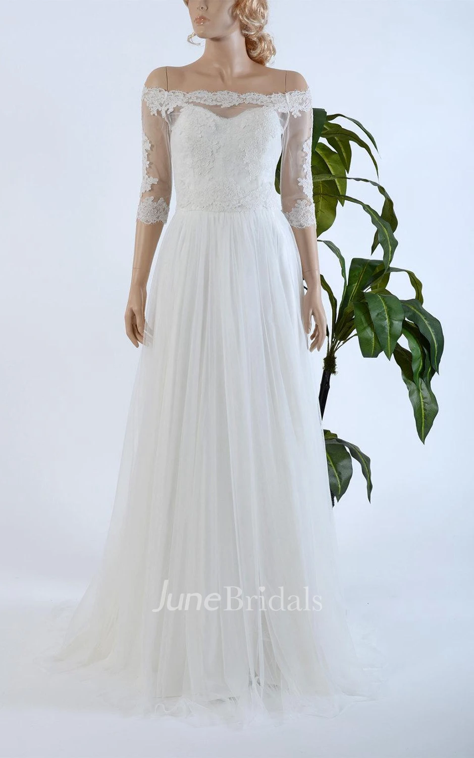Off Shoulder Long A-Line Tulle Wedding Dress With Lace Bolero
