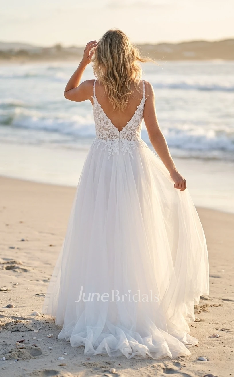Country Lace A-Line Sleeveless Wedding Dress Deep V-Neck Spaghetti Elopement Bridal Gown