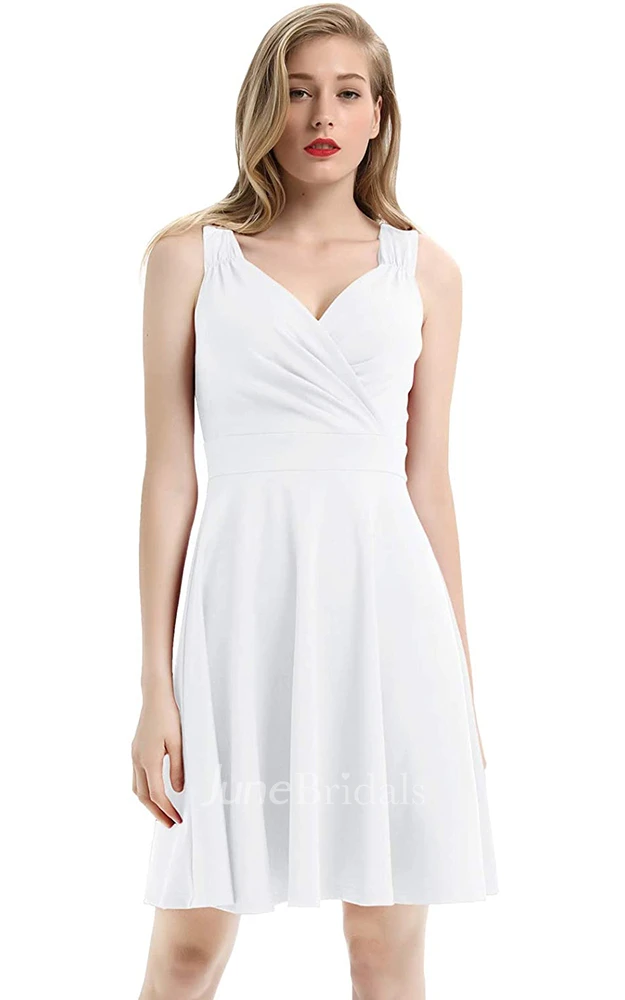 A Line V-neck Jersey Sleeveless Prom Cocktail Dress With Ruffles