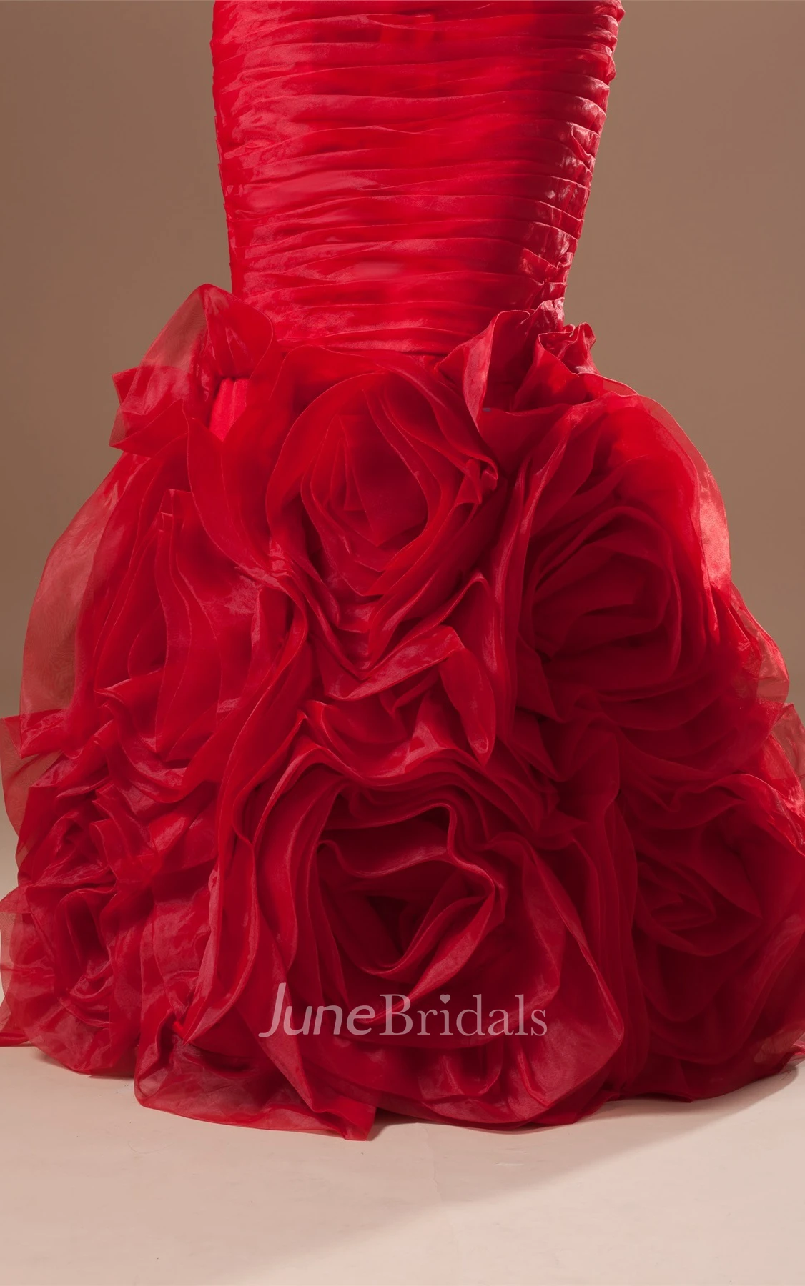 strapless mermaid organza dress with floral skirt and ruching