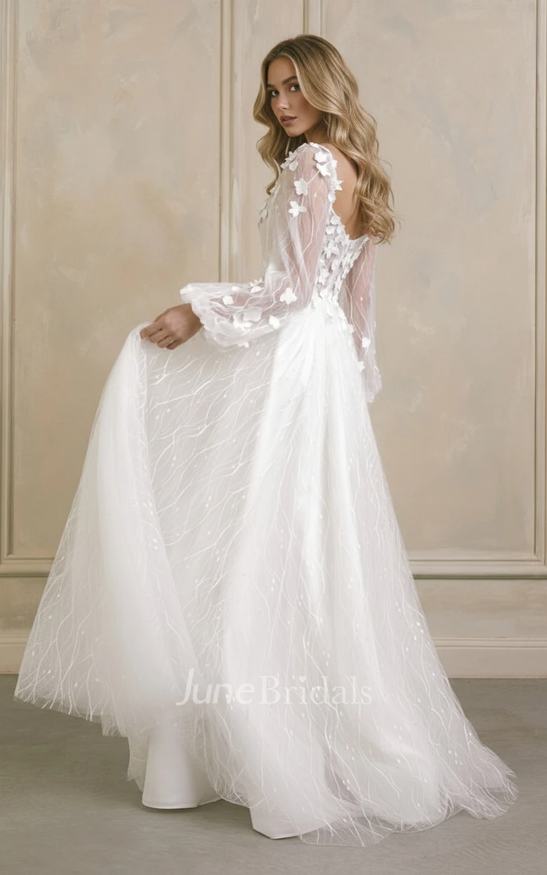 A-Line Tulle Long Sleeve Spring Wedding Dress V-Neck 3D Flowers Bridal Gown