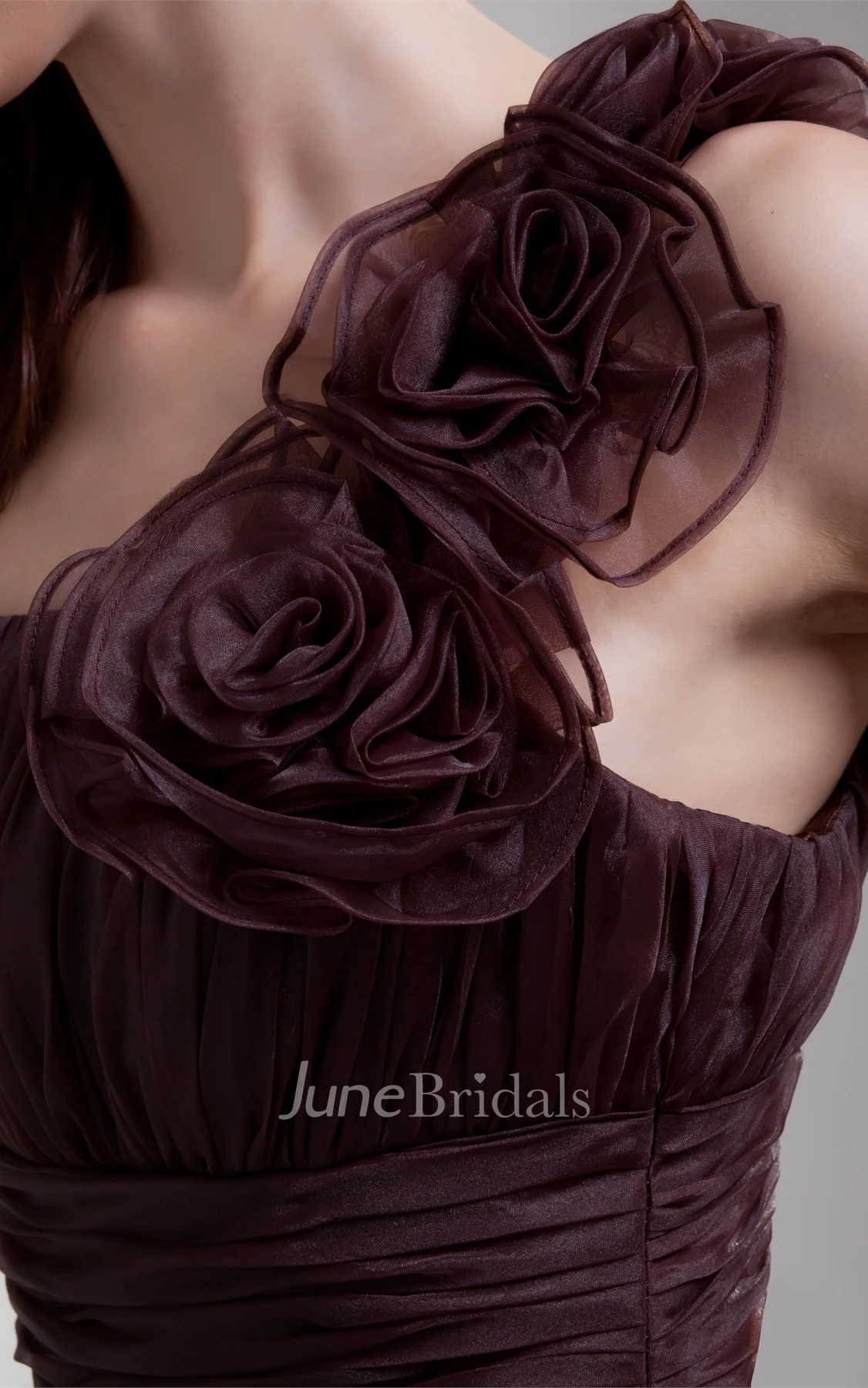 ruched floor-length column dress with brush train and floral strap