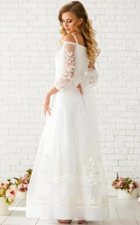 Casual Floor-length 3/4 Length Sleeve Tulle A Line Zipper Wedding Dress with Appliques