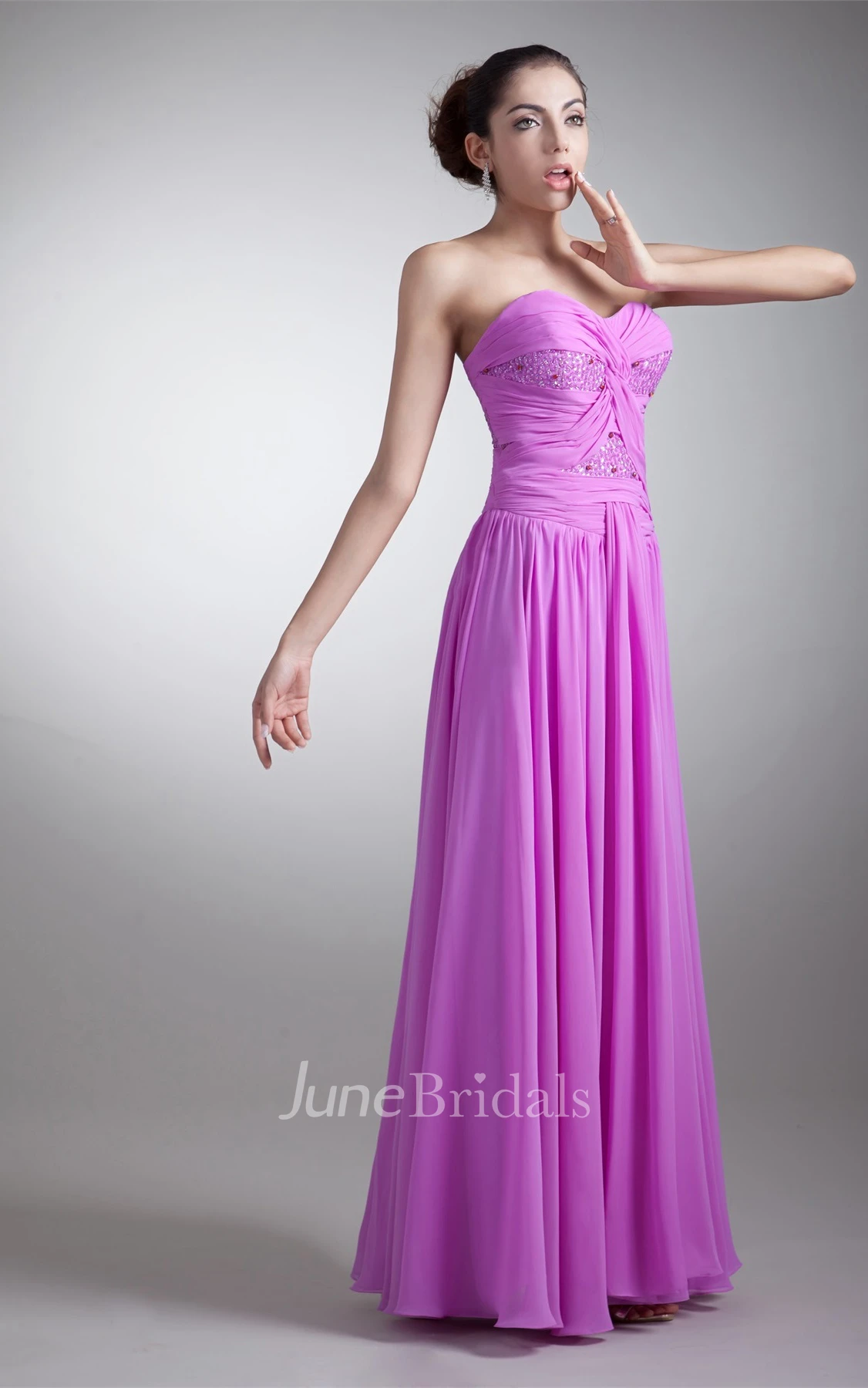 chiffon floor-length beaded dress with pleats and ruching