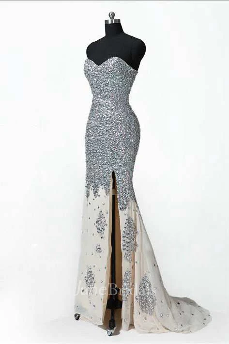 Beaded Bodice Mermaid Chiffon Gown With Split Front