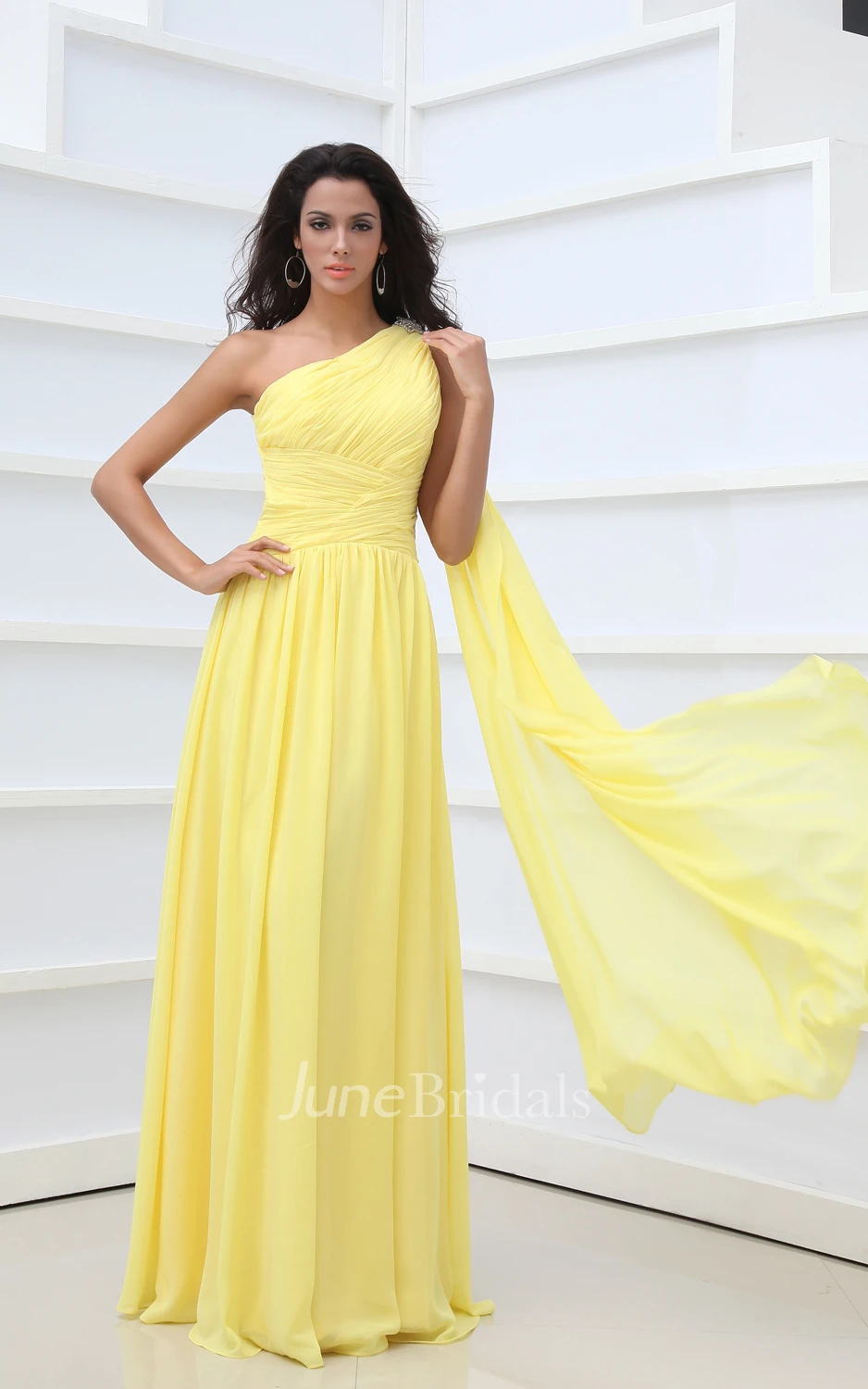 A-Line Empire Asymmetrical One-Shoulder Vintage Gown With Pleats