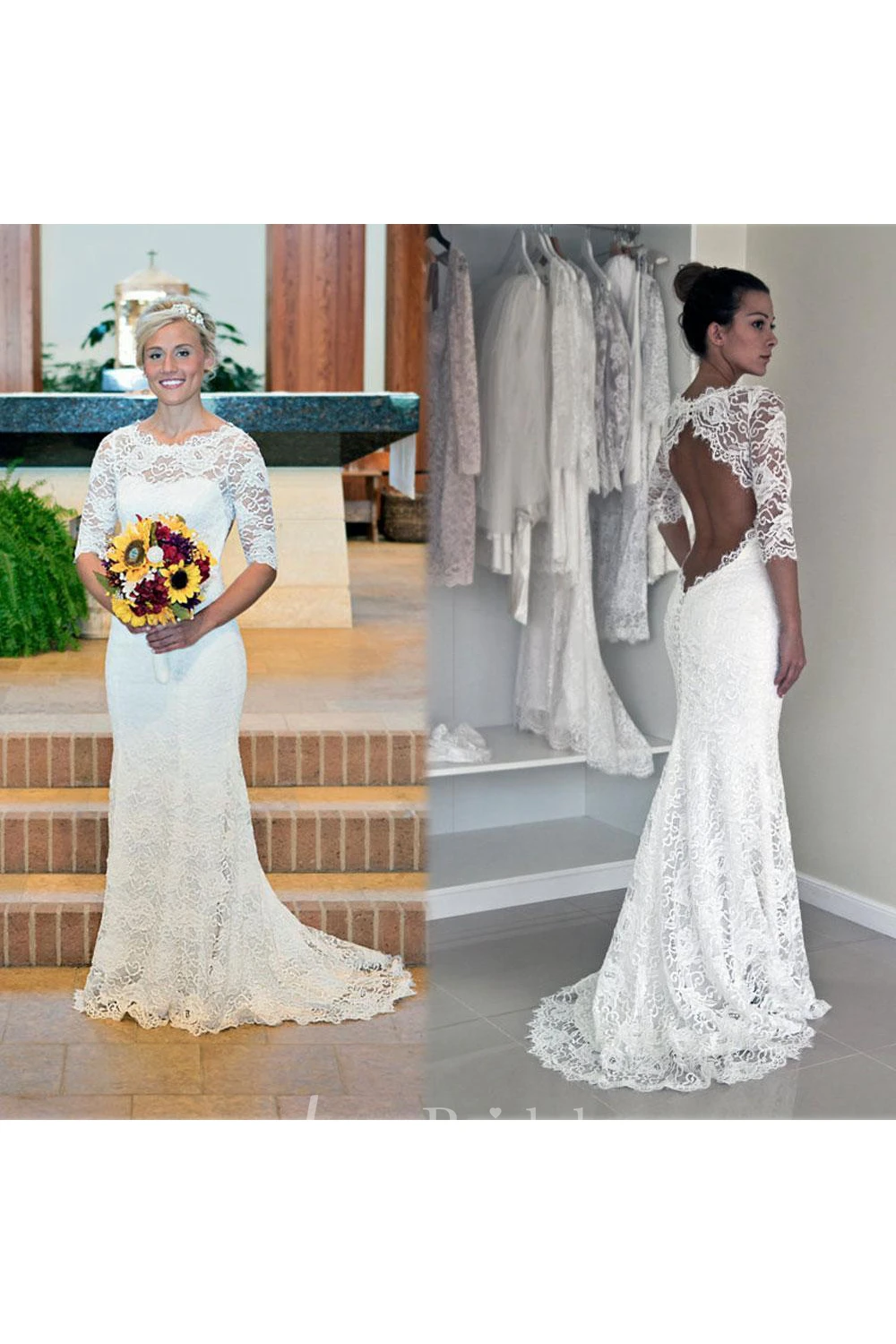 Elegant Illusion Lace Mermaid Wedding Dress Half Sleeve Sweep Train