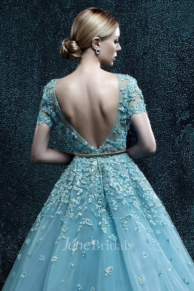 Short Sleeve Bateau Neck Pleated A-line Organza Dress With Flowers