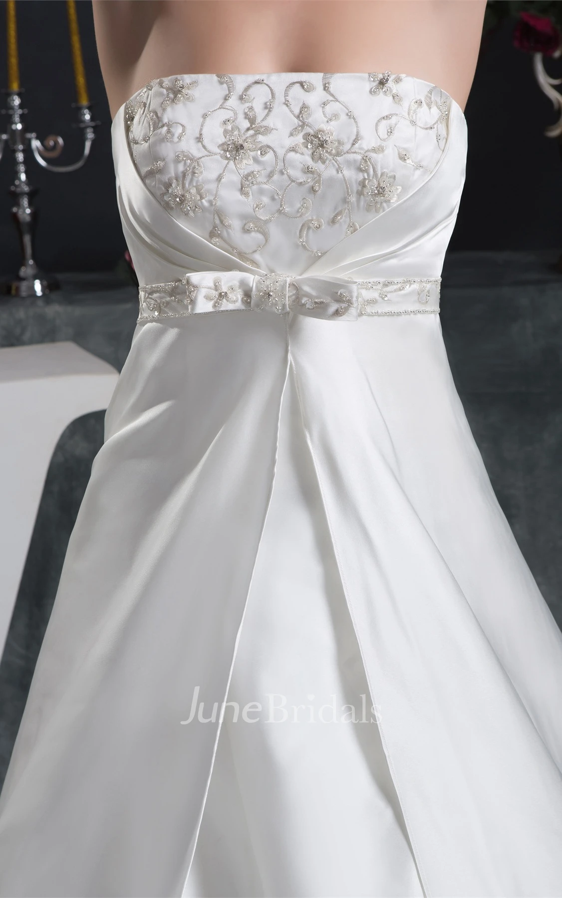 Strapless Satin A-Line Gown with Embroideries and Bow