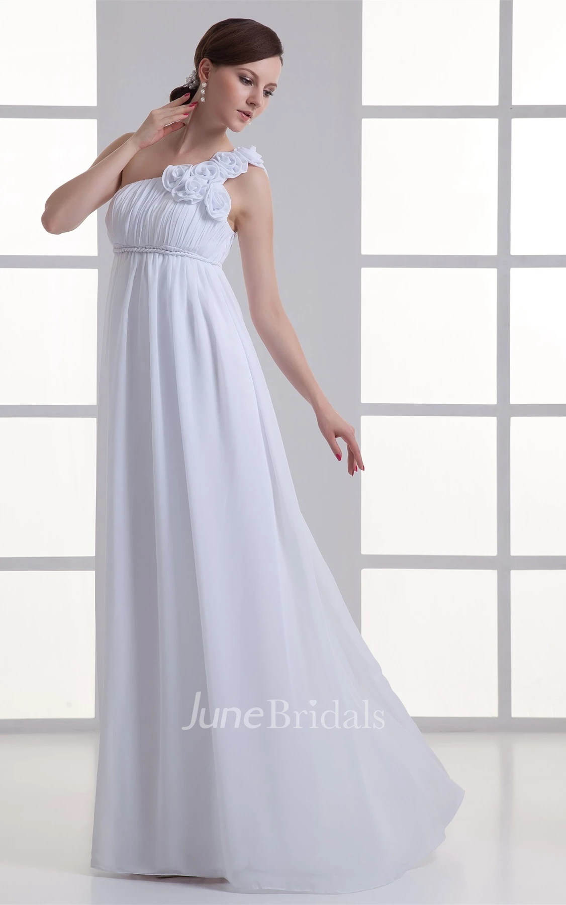 One-Shoulder Empire Chiffon Long Maternity Wedding Dress with Flower
