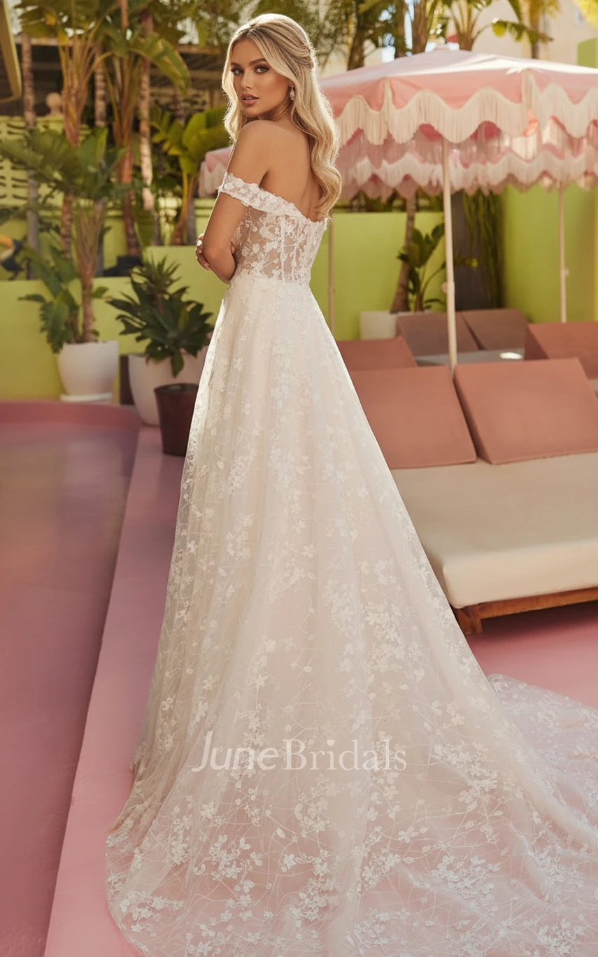Boho Lace Wedding Dress Off Shoulder A Line Illusion Bodice Floral Lace Bridal Gown