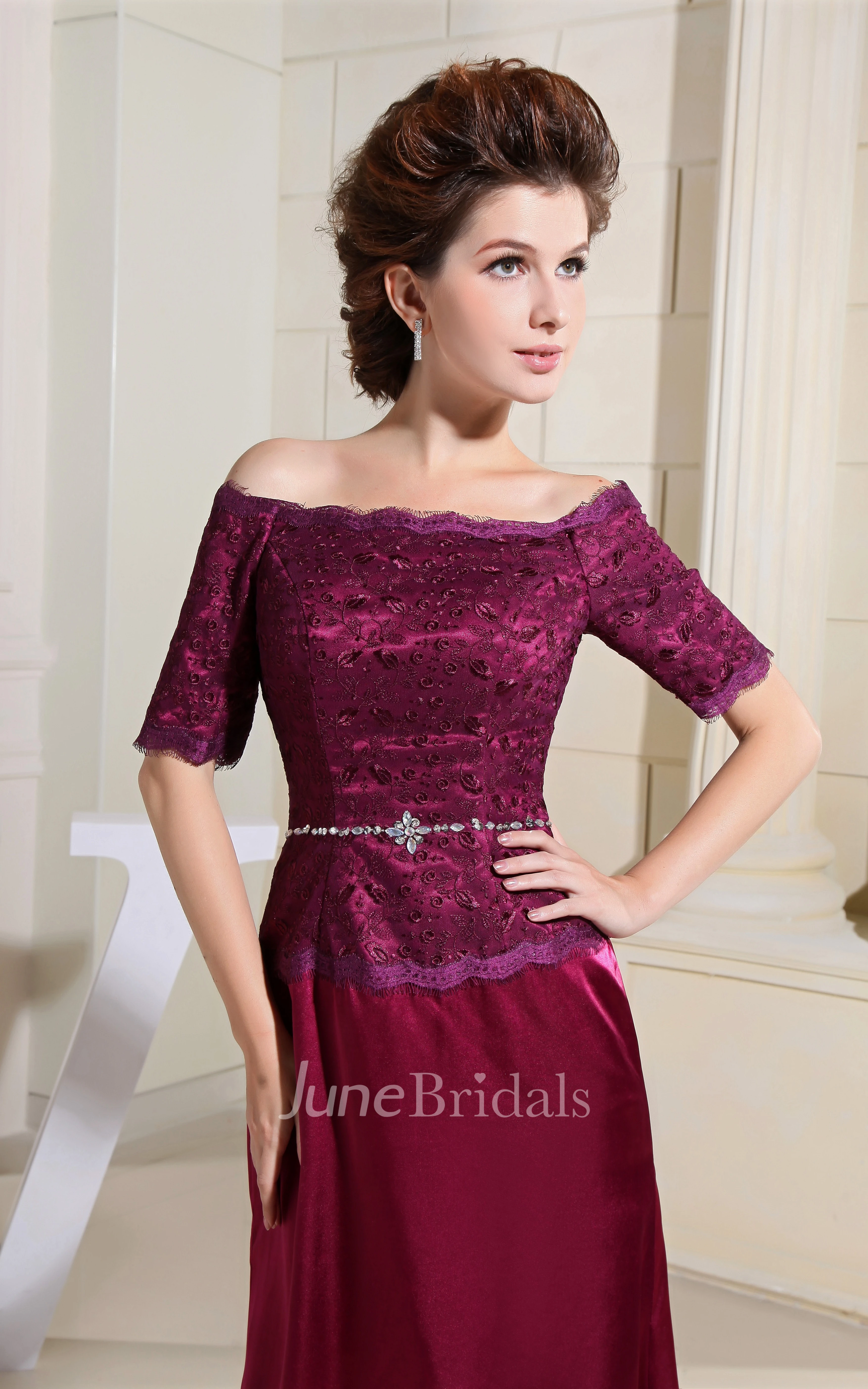 Off-The-Shoulder Short-Sleeve Satin Dress With Beaded Top