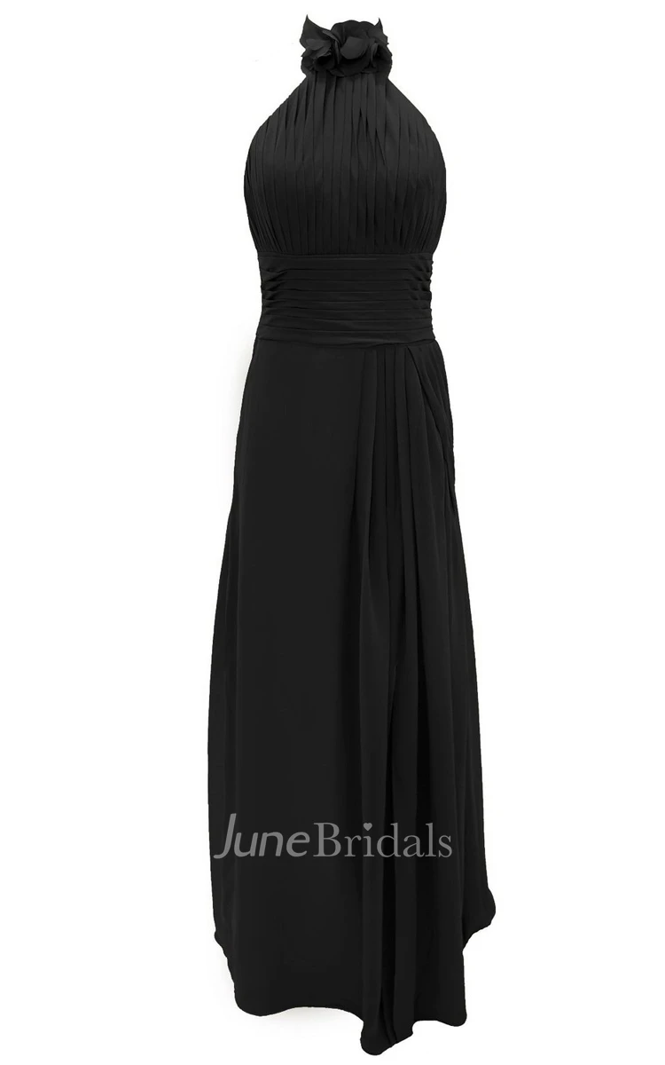 Floral Halter Pleated A-line Gown With Ruched Band