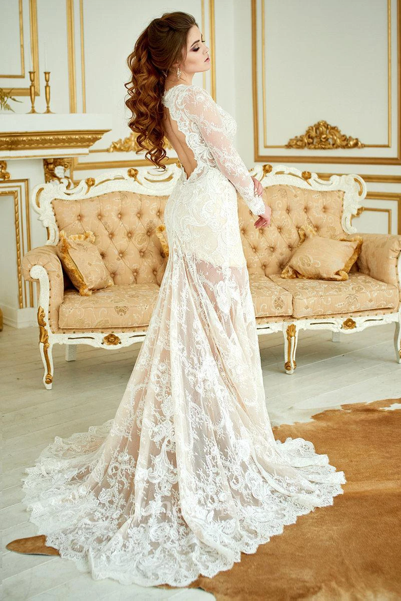 Deep-V-Neck Lace Illusion Long Sleeve Mermaid Beaded Wedding Dress With Skirt