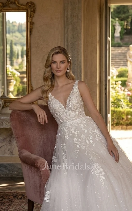 Modern Ethereal A-Line Boho Beaded Appliques Spring Wedding Dress Floral Princess Wide Spaghetti Strap V-Neck Tulle Bridal Gown with Train