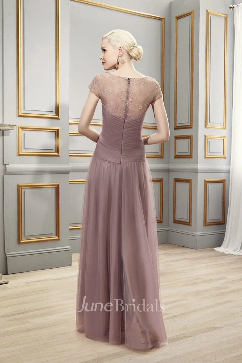 Ruched Illusion Back Formal Pleats Short-Sleeve A-Line Tulle Dress