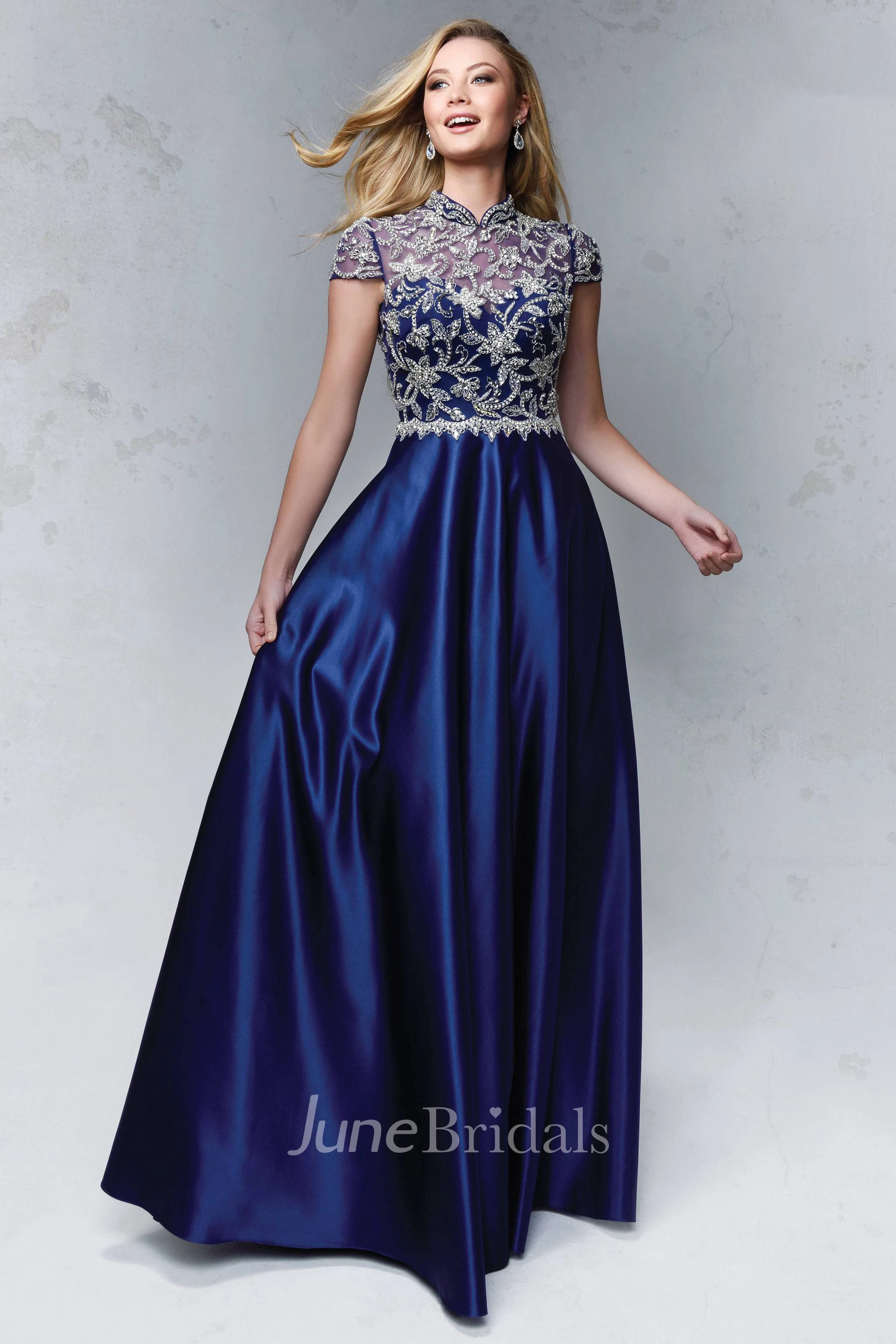 High Neck Short Sleeve A-line Satin Prom Dress With Beaded top