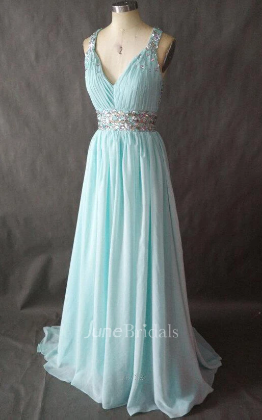 Long V-neck Chiffon Dress With Pleats And Beading