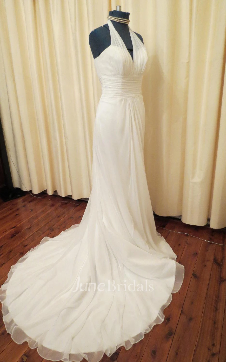 Halter Empire Sheath Chiffon Wedding Dress With Ruching And Lace-Up Back