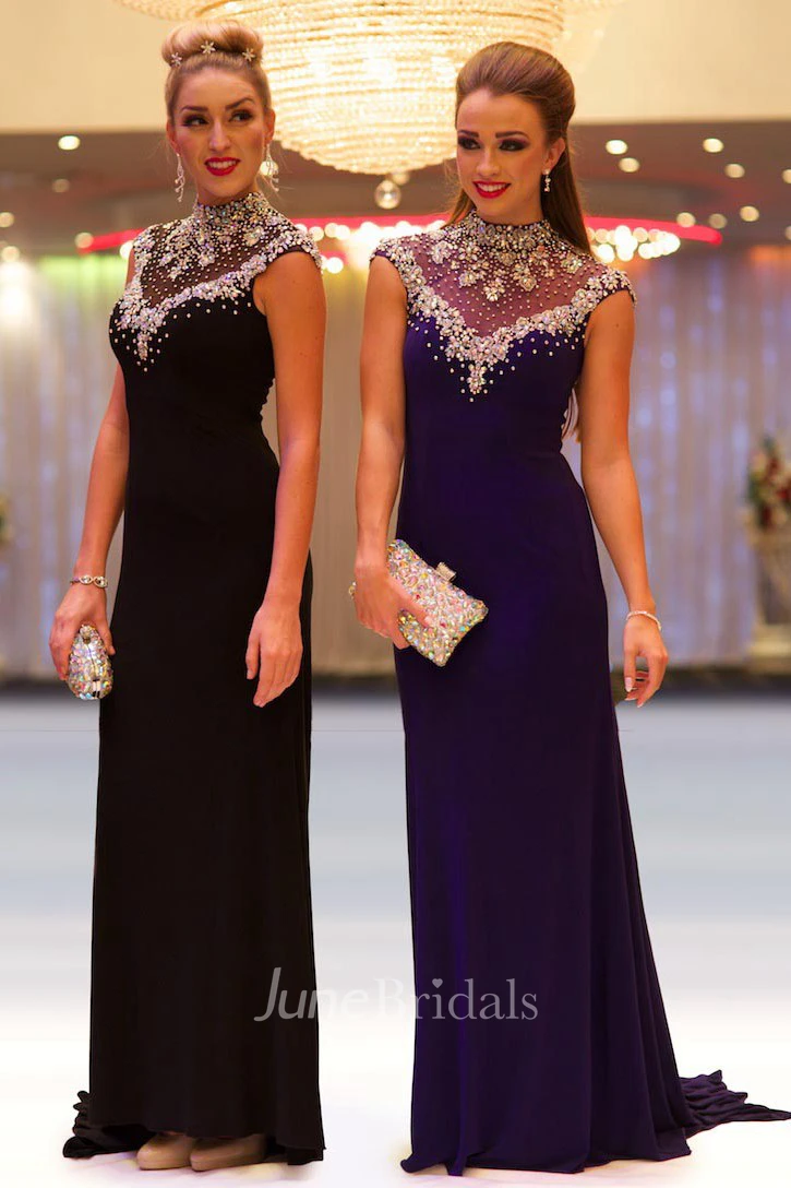 Sheath Beaded Floor-Length High-Neck Cap-Sleeve Jersey Prom Dress