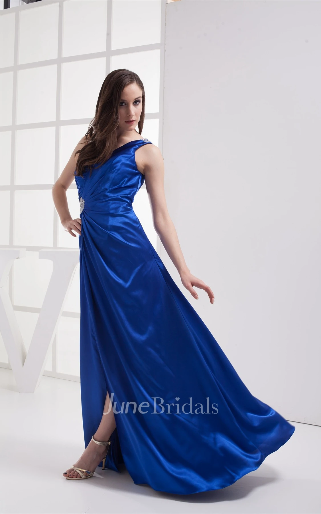 One-Shoulder Side-Ruched Satin Dress with Broach and Front Slit
