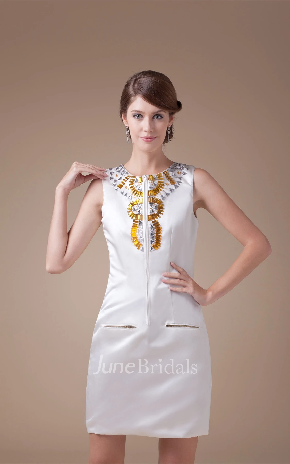 Sleeveless Satin Fitted Dress with Rhinestone and Zipper