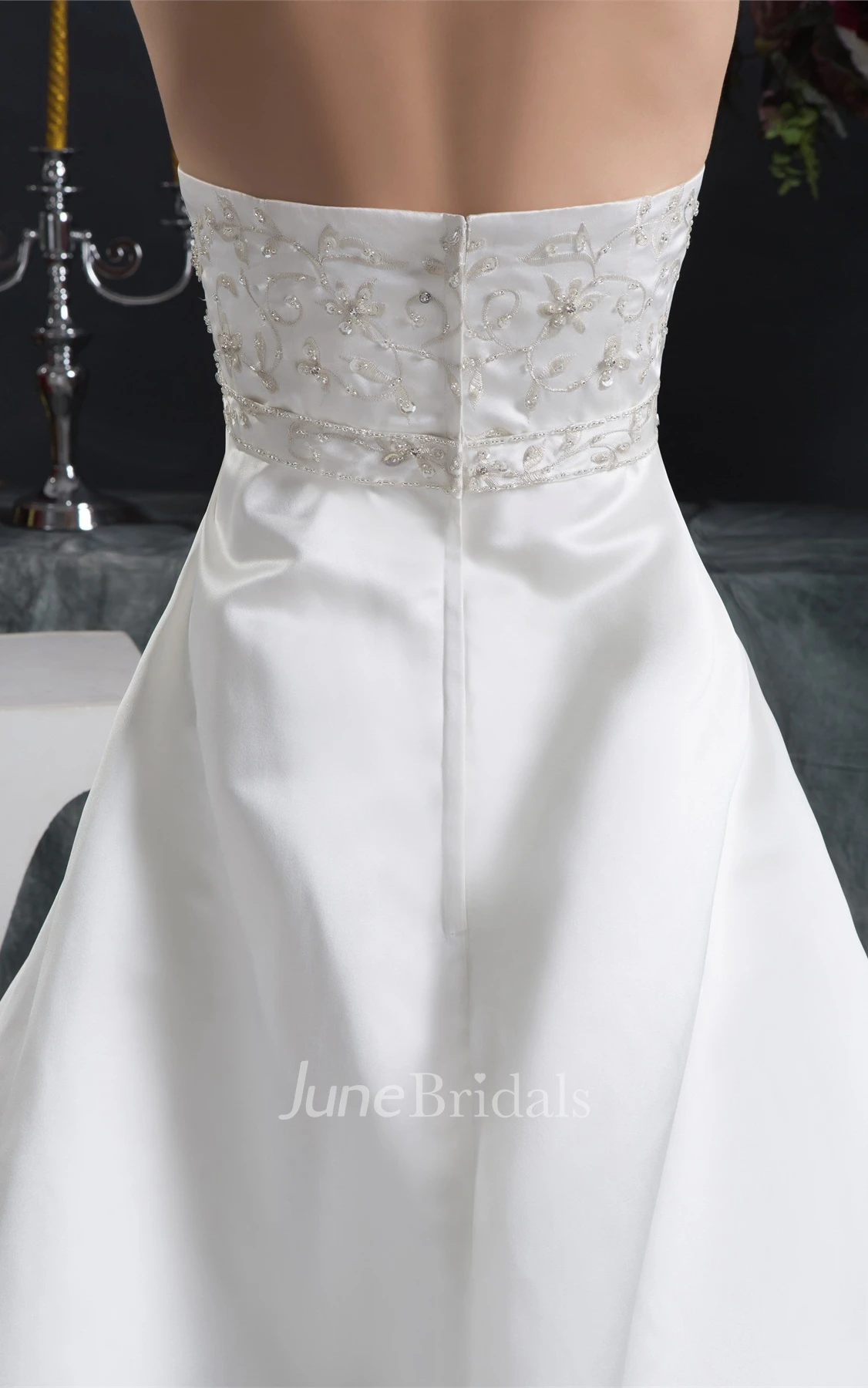 Strapless Satin A-Line Gown with Embroideries and Bow