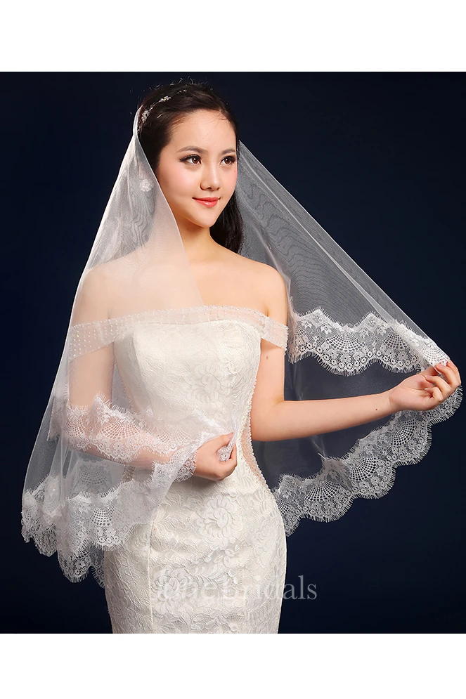 Fingertip Tulle Wedding Veil with Lace Edge