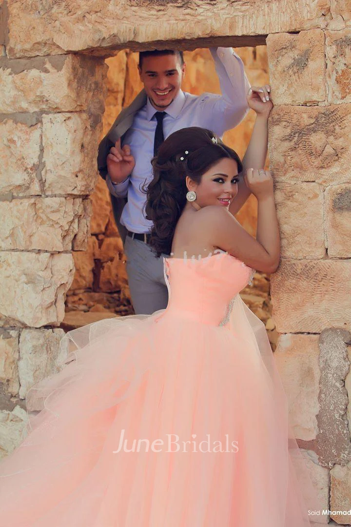 Chic Tulle Crystals Princess Pink Wedding Dress One Shoulder