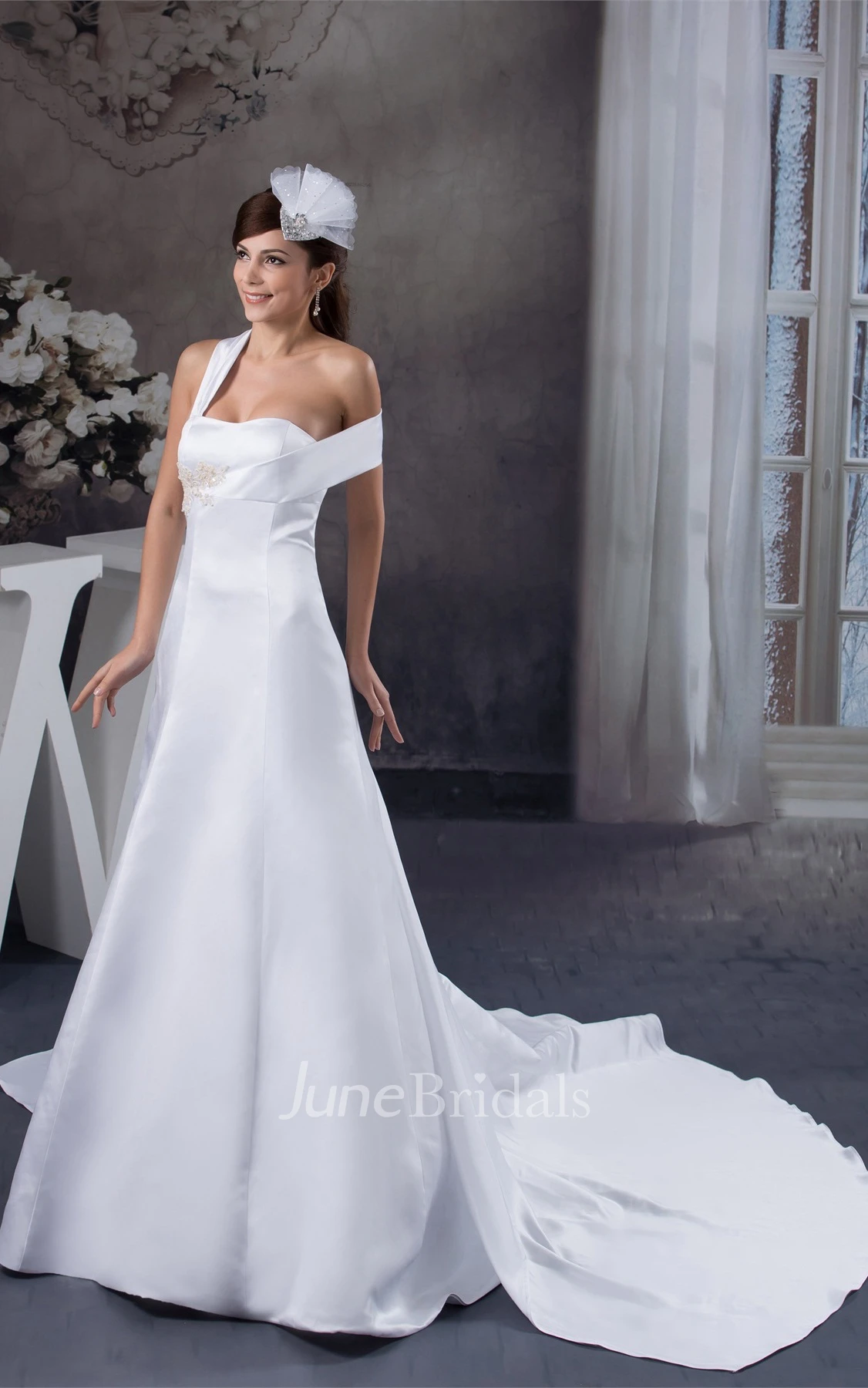 Satin Single-Strap A-Line Gown with Appliques and Court Train