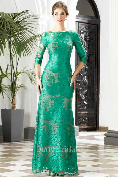 Sheath Floor-Length Bateau 3 4 Length Sleeve Lace Appliques Low-V Back Dress