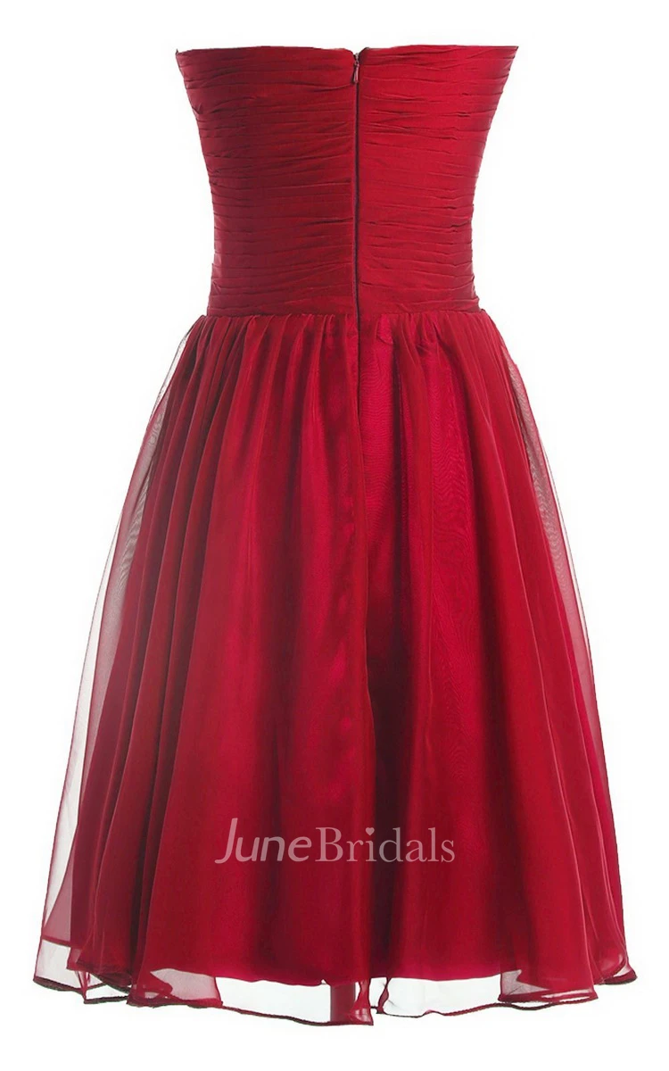 Strapless Pleat and Ruched A-line Dress With Leaf Print