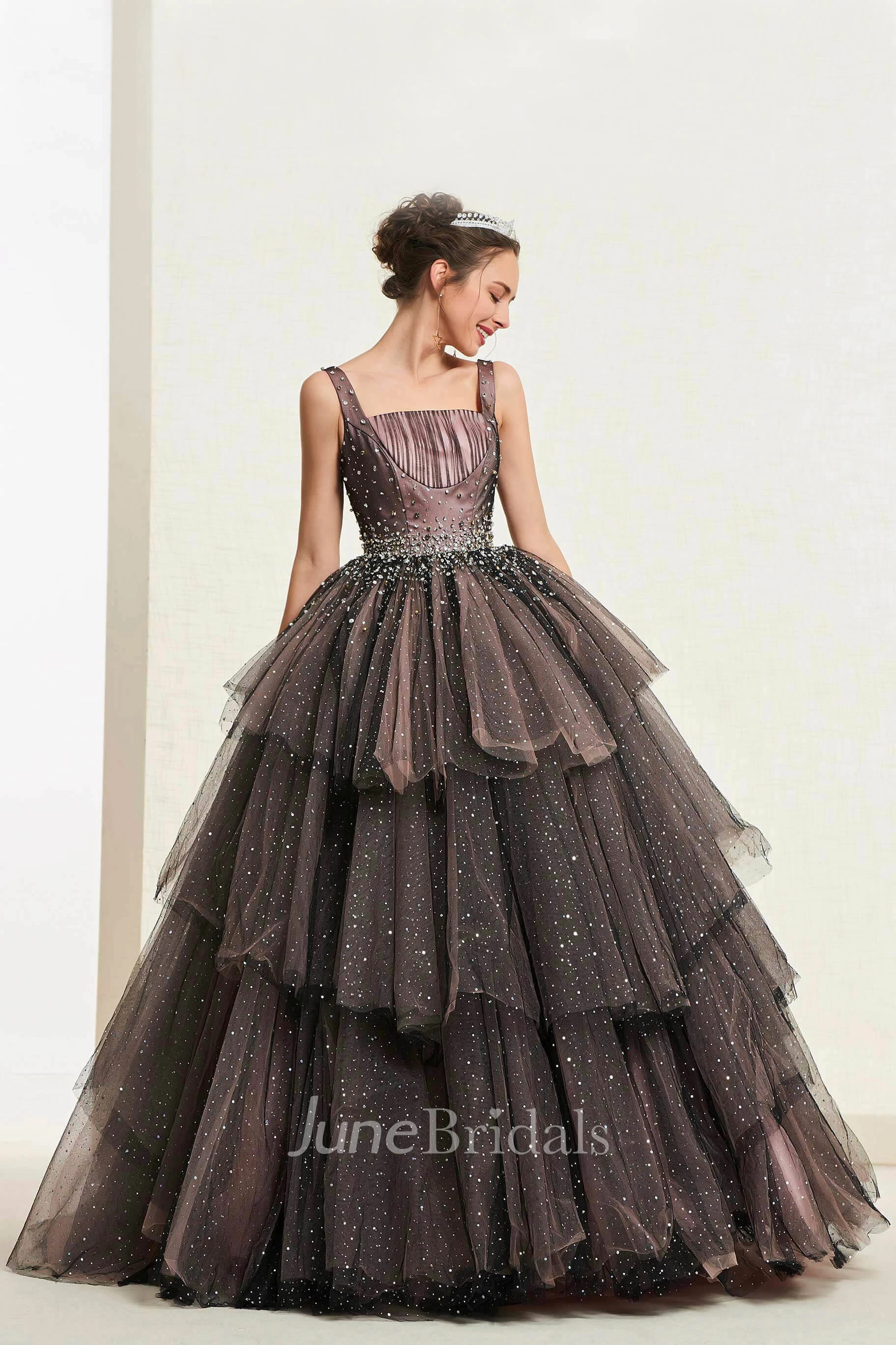 Luxury Vintage Beaded Sleeveless Square Neckline Ballgown With Lace-up And Ruffled Tiers